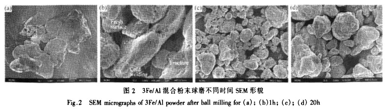 3Fe-Al混合粉末球磨不同时间SEM形貌